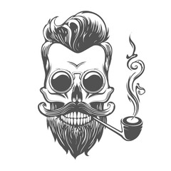 Skul with Mustache Beard Tobacco Pipe and Glasses Drawn in Vintage Engraving Style