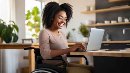 Woman in a wheelchair works from her home office.
