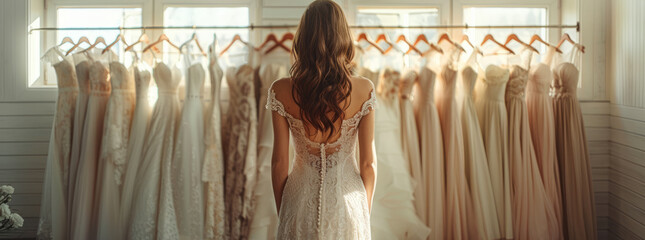 A woman selects different shades of wedding dresses hung on a rail in a white room, back side, day light, warm tone,generative ai