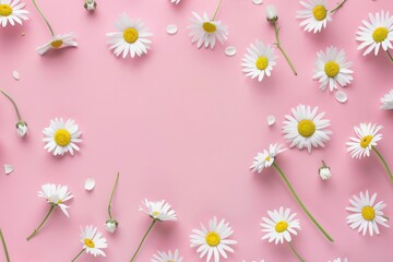 Obraz premium Minimal styled concept. White daisy chamomile flowers on a pale pink background. summer, spring concept
