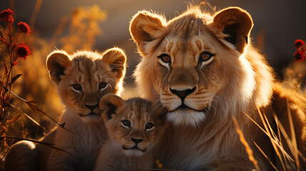 Lioness with two cubs, under the rays of the sun