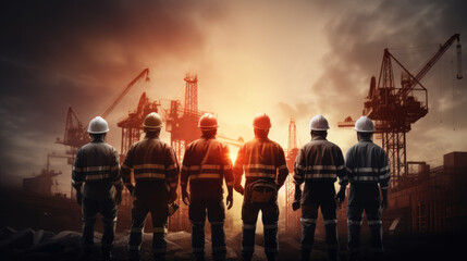 Fototapeta premium Group of construction workers in safety gear, including helmets and reflective vests, standing at a construction site, facing towards a sunrise or sunset