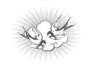 Two Flying Swallow Birds in a Sky Hand Drawn Tattoo