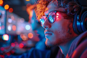 An individual is deeply focused on a thrilling gaming session, surrounded by vibrant lights