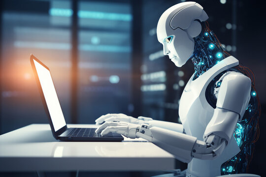 Hard working person in modern interior office programming writing web java script code AI technology generation