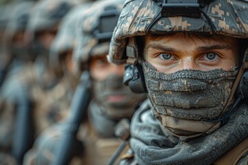 Detailed view of a soldier in focus with tactical gear and rifle, highlighting military preparedness and equipment