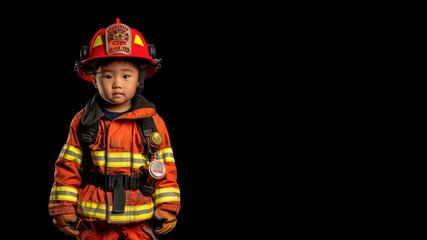Fototapeta premium asian boy fireman isolated on black 