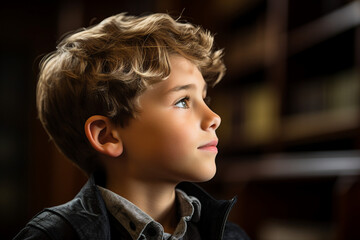 Fototapeta premium A young boy standing in front of a library made with generative AI technology