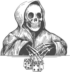 Skull in a Hood Plays High Dice Monochrome Engraving Tattoo