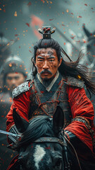 Epic scene: Goryeo general, mounted soldier, smoke, fireworks.generative ai