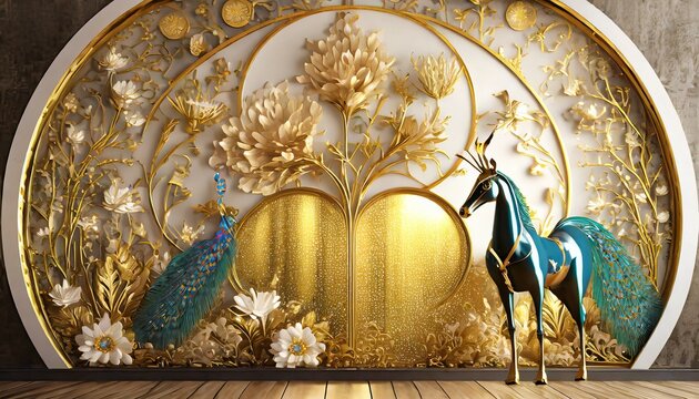 golden background with horse and peacock
