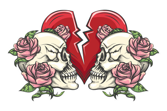 Two Skulls in Roses and Broken Heart Engraving Tattoo