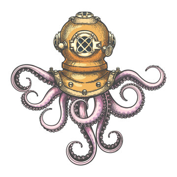 Engraving Tattoo of Octopus in Retro Diving Helmet