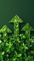 Illustration of upward-pointing arrows made of lush green grass, symbolizing eco-friendly progress. AI generated illustration