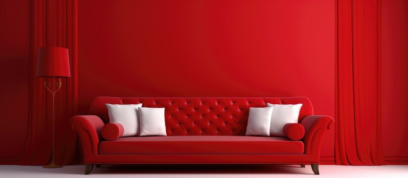 Red background interior with light colored sofa solid color style