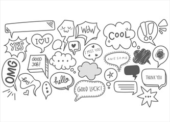 Hand Drawn Bubbles Speech. Doodle Style Comic Balloon, Cloud Shaped Design Elements
