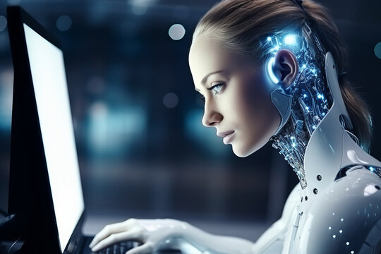 Hard working person in modern interior office programming writing web java script code AI technology generation