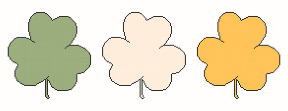 Set of shamrocks in Irish flag colors pixel art.Green, white and orange clovers on white background isolated.8bit elements for St.Patrick's Day design cards,print.Vector illustration EPS 10