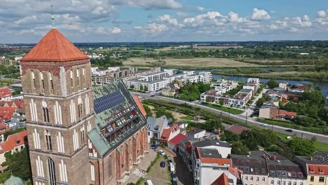 Aerial drone view of  Nikolaikirche Rostock - Ev. Luth. Downtown municipality of Rostock , Germany