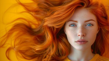 Naklejka premium Colorful Girl with Fiery Red Hair on Yellow Background