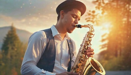 man playing saxophone - obrazy, fototapety, plakaty
