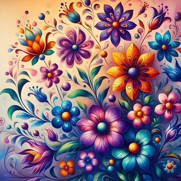 Charming and unusual folk art paintings presenting a group of flowers with a gradient color.