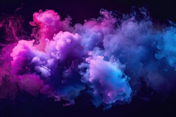 Neon blue and purple multicolored smoke puff cloud design elements on a dark background - obrazy, fototapety, plakaty