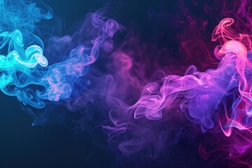 Neon blue and purple multicolored smoke puff cloud design elements on a dark background - obrazy, fototapety, plakaty