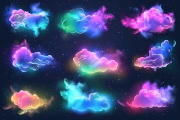 Fototapeta na wymiar Neon blue and purple multicolored smoke puff cloud design elements on a dark background