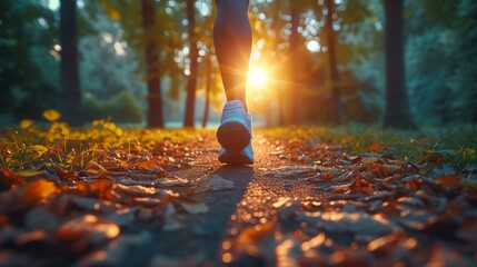 Close focus high feet of runner. high running. run at green park. morning sunrise. realistic, impressive. - Powered by Adobe