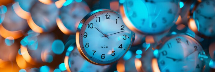 Multiple blue clocks floating in dreamy bokeh - Dreamlike image showing several blue clocks with a bokeh background, evoking concepts of time and memory