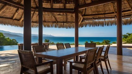 Beachside Relaxation: Table and Chairs Under Thatched Roof with Ocean View