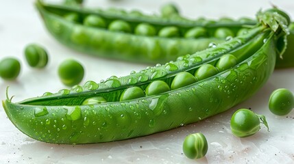 A single, green snap pea pod with peas visible inside  - obrazy, fototapety, plakaty