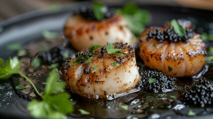 Scallops topped with caviar on dark plate - Luxurious scallops perfectly seared and topped with exquisite caviar on a dark artistic plate
