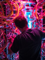 Fototapeta na wymiar Technician working in vibrant data center - A man is focused on configuring servers in a data center with vivid red and yellow cables highlighting technology