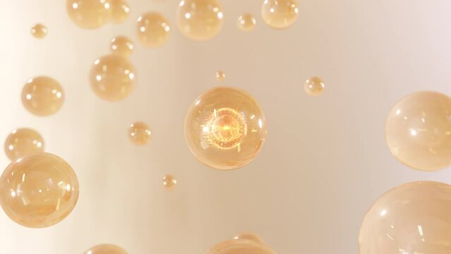 Numerous water bubbles rise&nbsp;in a macro image against a bright background. Design for moisturizing&nbsp;bubble blobs in beauty gloss in super motion. 3D cosmetic serum animation