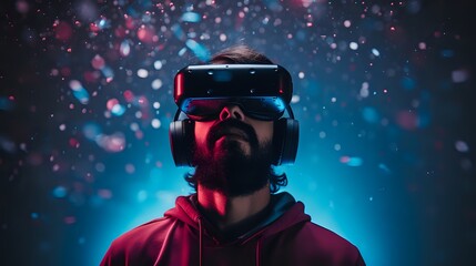 Bearded man wearing a VR headset with red and blue lights - obrazy, fototapety, plakaty