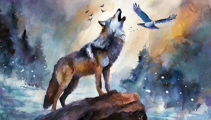 wolf in winter forest - obrazy, fototapety, plakaty