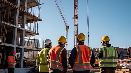 Construction workers wearing hard hats and safety vests