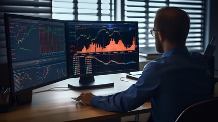 A male stock trader wearing glasses sits at his desk looking