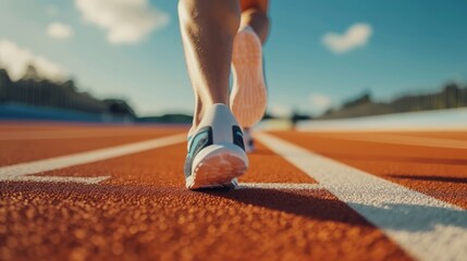 Fitness, sport, training, people and lifestyle concept - close up of feet running on sprint track from back. - obrazy, fototapety, plakaty