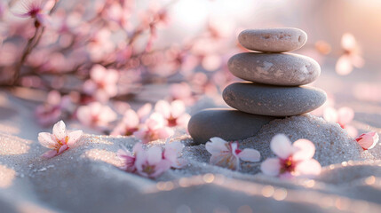 Obraz na płótnie Canvas Spring's serene minimalism Japanese Zen garden, with white sand, smooth stones, and sakura, embodying mindfulness in the morning