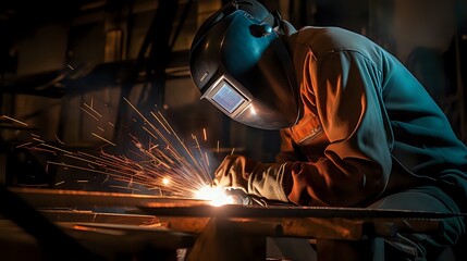  A welder wearing protective gear welds a metal beam
