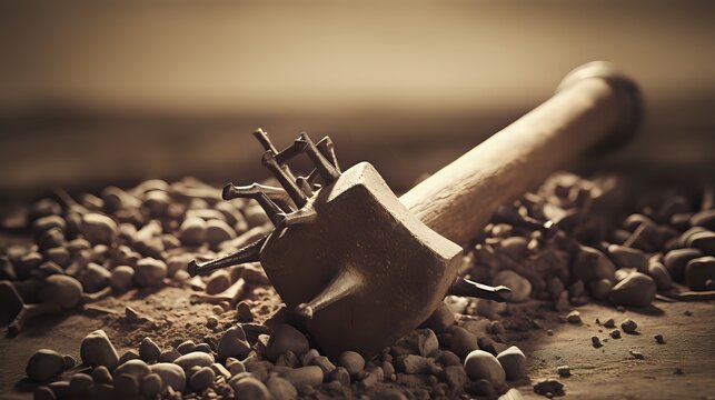 A sepia toned image of a hammer with nails driven