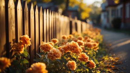 A row of orange-colored daisies along a wooden fence against a street background in the golden tones of sunset - obrazy, fototapety, plakaty