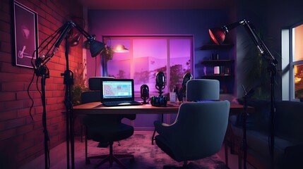  A cozy purple and blue home studio setup - obrazy, fototapety, plakaty
