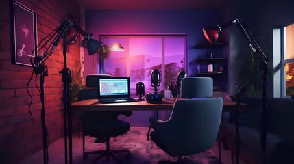 Papier Peint photo Lavable Magasin de musique  A cozy purple and blue home studio setup