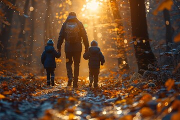 A family strolls down a leaf-covered path in a forest, with the setting sun casting a warm glow through the trees