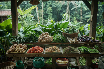 Fototapeta na wymiar A rustic table laden with baskets of fresh herbs and legumes, jars of grains, and farm produce, evoking a farm-to-table freshness..