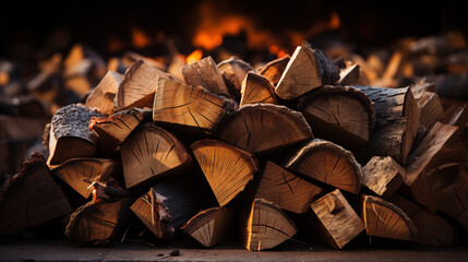 A stacked pile of firewood for a fireplace in the foreground with a fire in the background creating coziness and warmth - obrazy, fototapety, plakaty